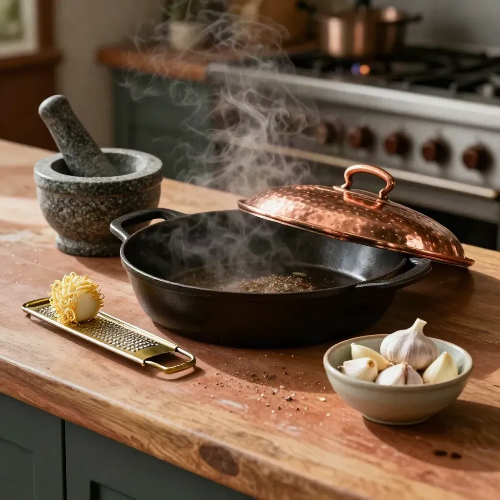 Mise en place da chef con padella, coperchio di rame, zester, mortaio e aglio in cucina