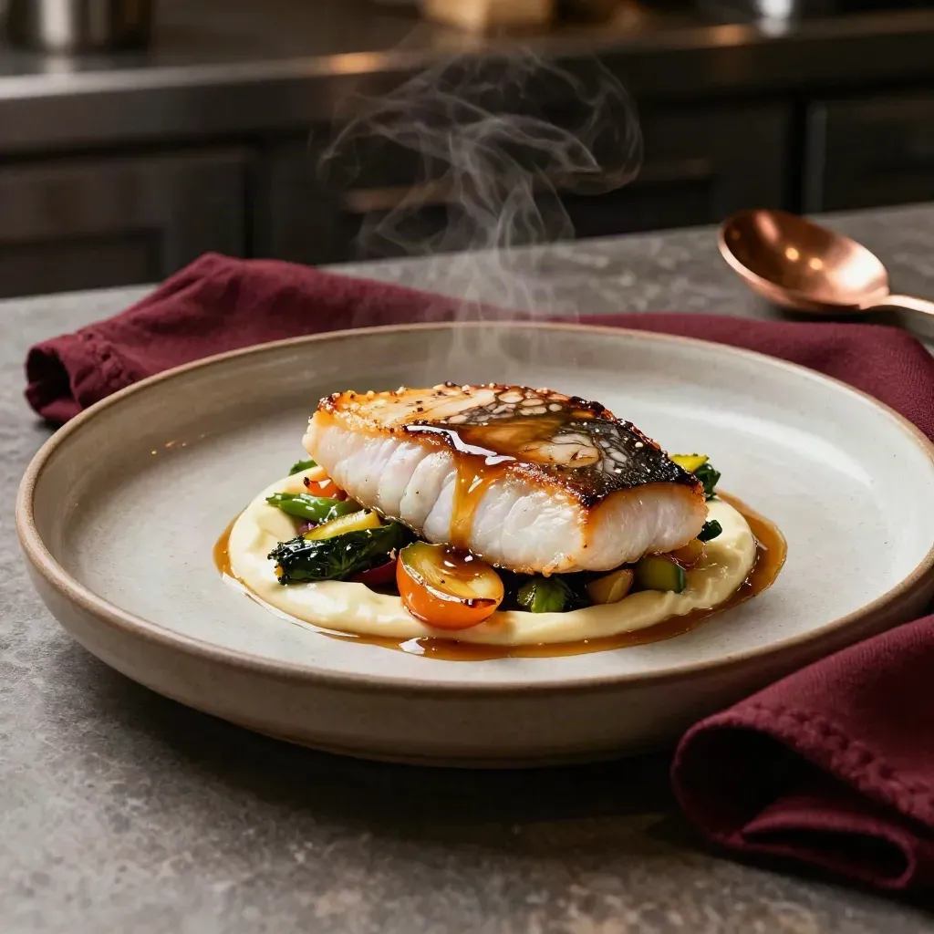 Piatto dello chef con pesce scottato, crema chiara, verdure e salsa lucida sul pass.