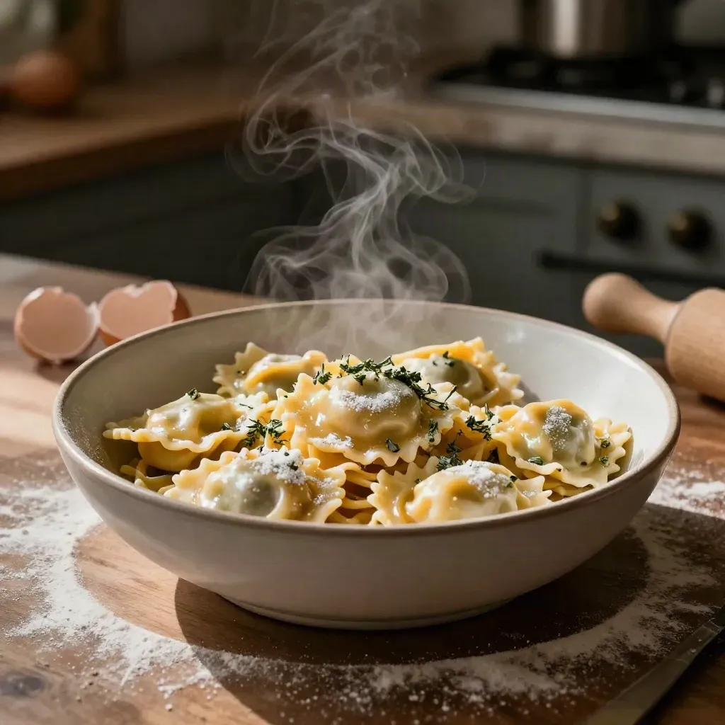 Tagliolini e ravioli in ciotola ampia con farina, gusci d’uovo, mattarello e vapore caldo.