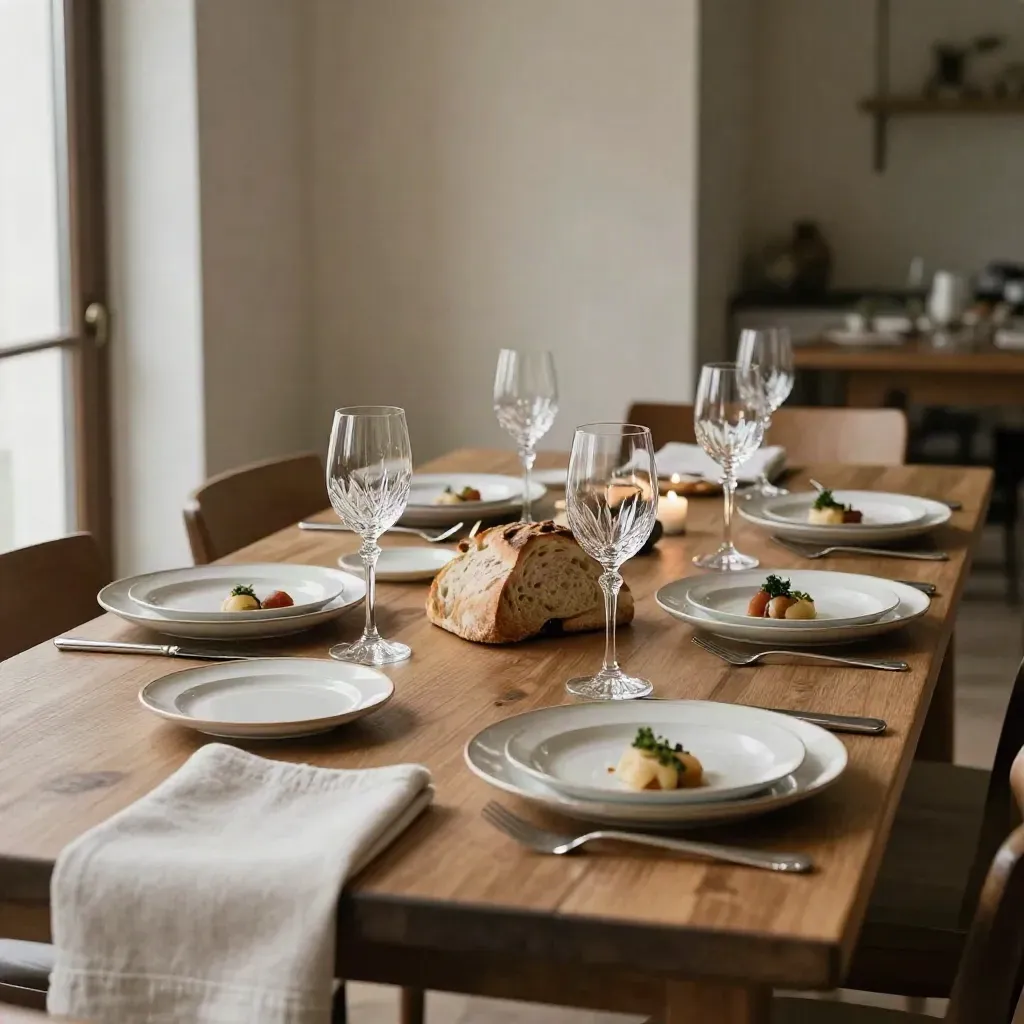 Tavola elegante pronta per un menu degustazione con calici, piatti in ceramica e pane rustico.