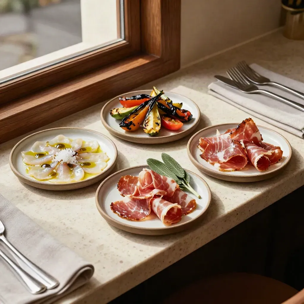 Tre antipasti di stagione su piccole ceramiche, con carpaccio di pesce, verdure arrostite e salumi.