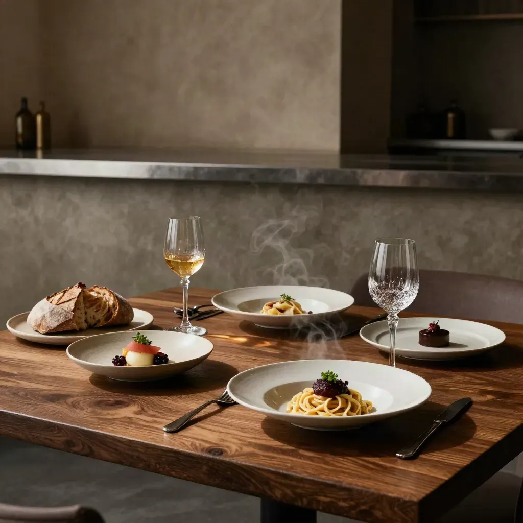 Tavola degustazione in sala privata con piatti gourmet, calici e pane caldo sotto luce cinematica.