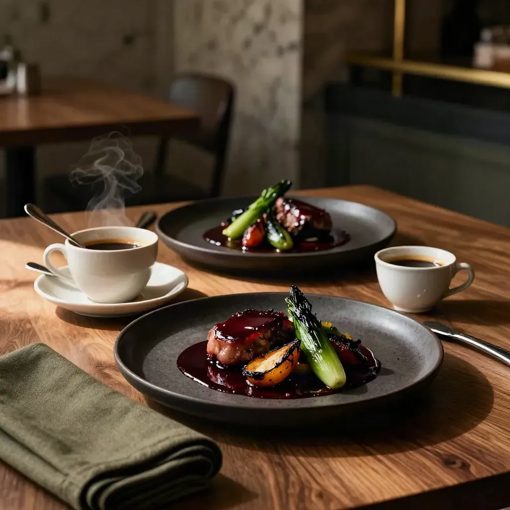 Secondo ricco, dessert al cucchiaio e caffè su tavolo elegante in luce cinematica.