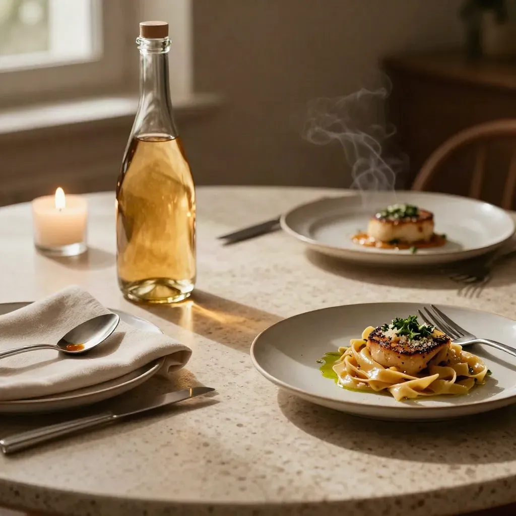 Tavolo per due con vino decantato, piatti iniziati e luci calde in sala tranquilla.