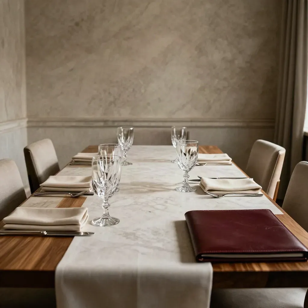 Sala privata elegante con tavolo apparecchiato, bicchieri d’acqua, tovaglioli piegati e cartella borgogna.