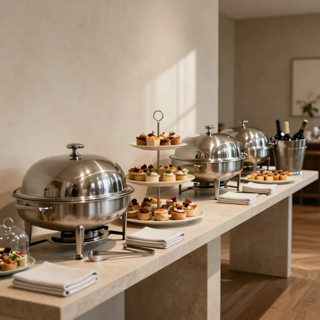 Banchetto catering privato con chafing dish, finger food e tovaglioli piegati in sala elegante.