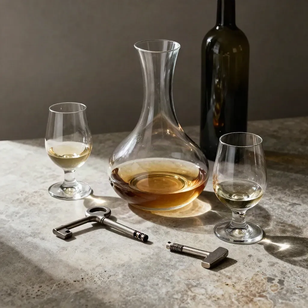 Decanter in vetro, due calici, wine key e collarini su banco di pietra, luce drammatica
