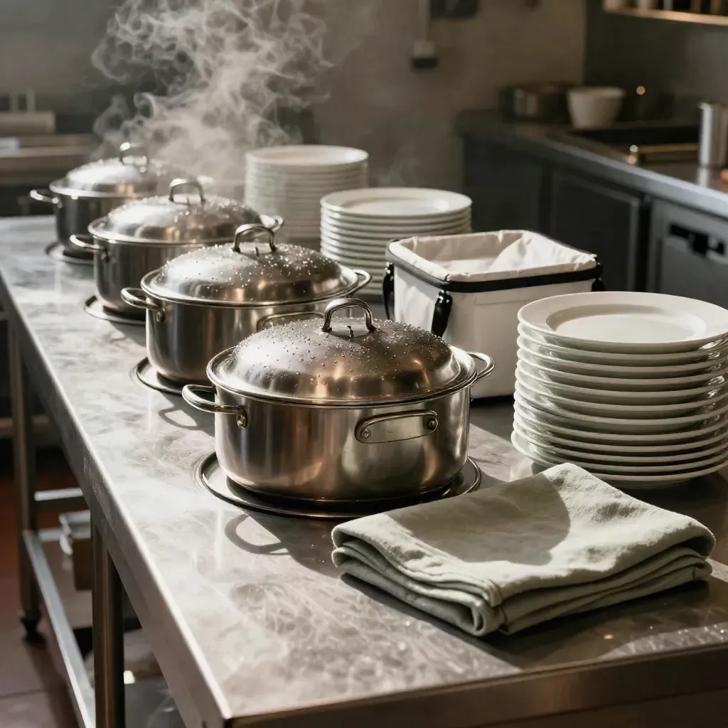 Stazione catering elegante con vapore, vasche riscaldate e carrelli termici pronti al servizio.