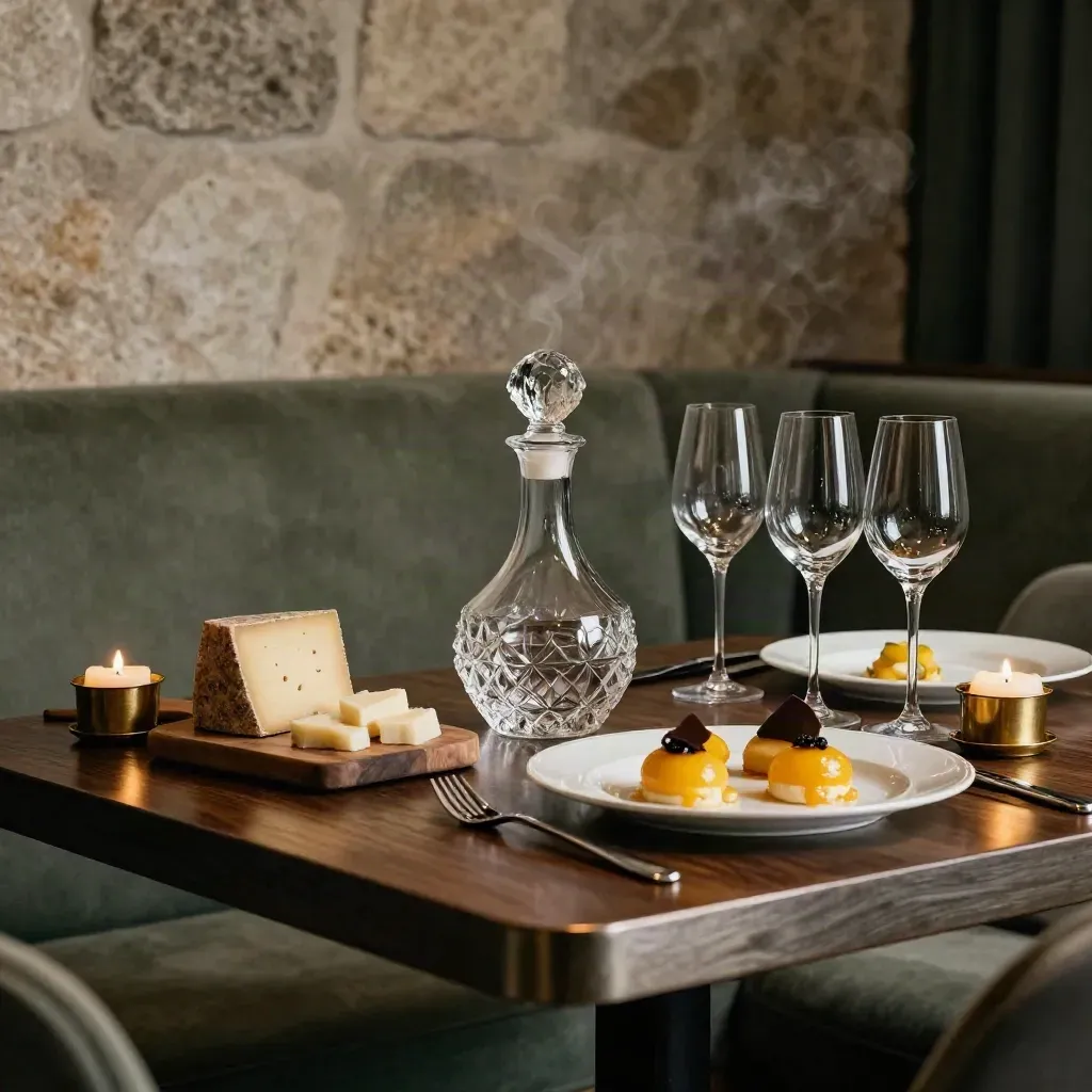 Angolo di sala privata con decanter, calici, formaggi e dessert, luce di candela