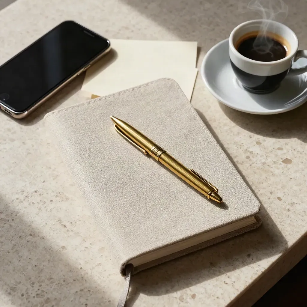 Notebook in lino, penna in ottone, telefono e caffè su travertino, luce morbida