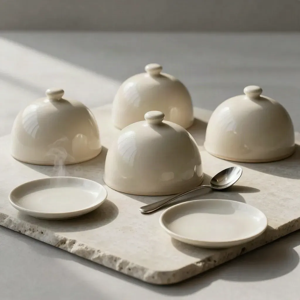 Tre campane in ceramica con cucchiaio da assaggio e piattini campione su pietra chiara