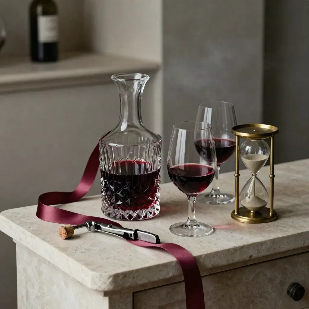 Caraffa da vino, due calici, cavatappi e clessidra in ottone su madia chiara.