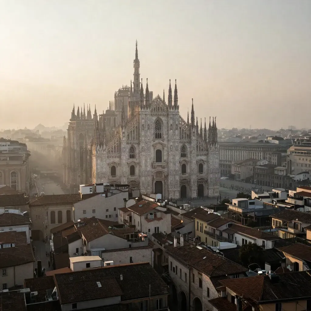 Skyline di Milano all’alba con il Duomo nella nebbia sopra i tetti lombardi.