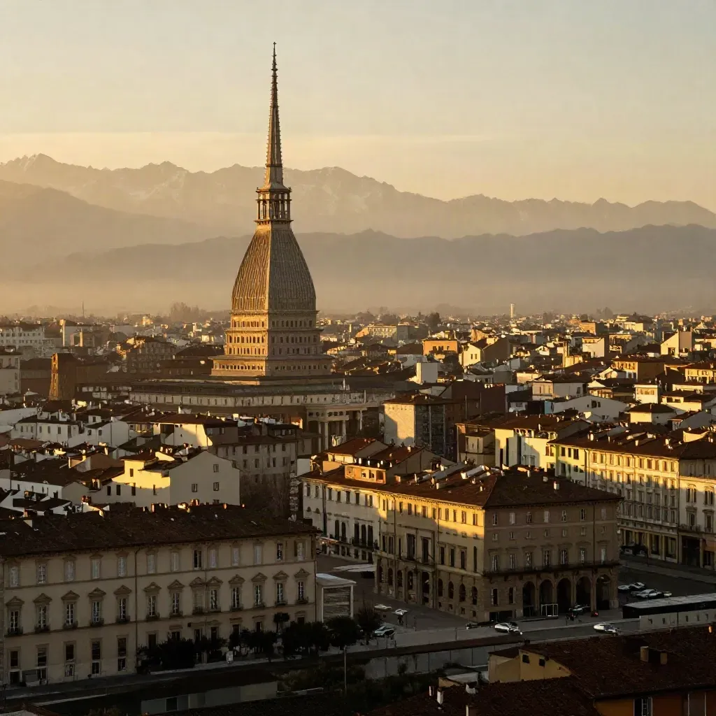 Torino al tramonto con la Mole Antonelliana, tetti barocchi e Alpi nella foschia dorata