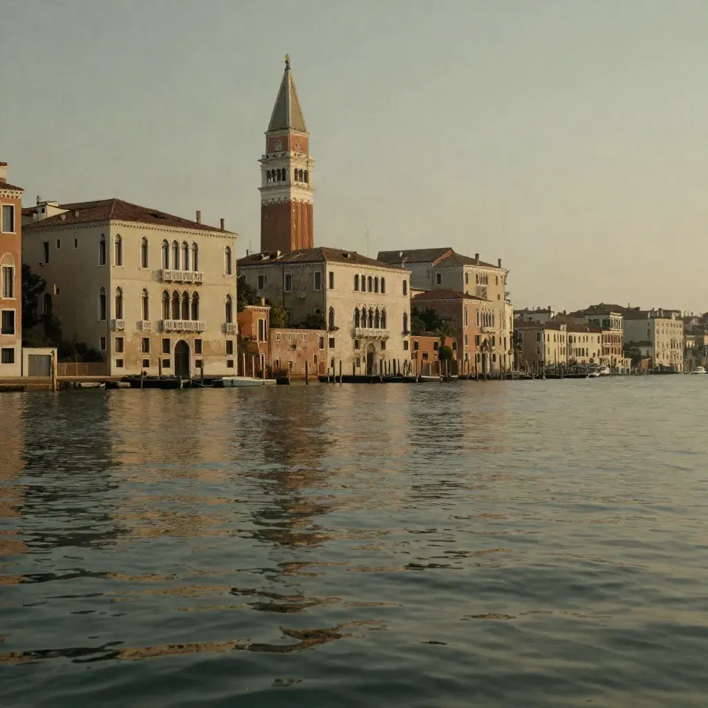 Venezia lagunare al crepuscolo con campanile alto e acqua immobile nella foschia.