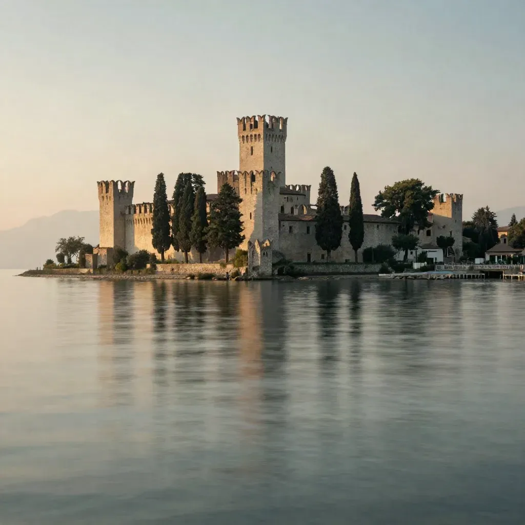 Sirmione e il Castello sul Lago di Garda con cipressi e foschia dorata
